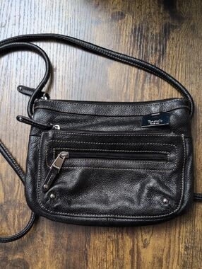 Tignanello Black Leather Crossbody with Front Zip Pocket
